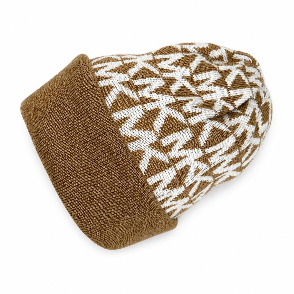 Michael Kors Beanie Hat Cuffed Monogram Logo Knit Brown Cream Winter Designer